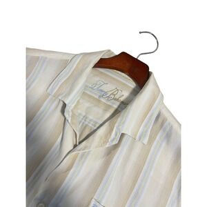 Tommy Bahama Shirt Mens XL White Beige Striped Button‎ Up Short Sleeve Camp